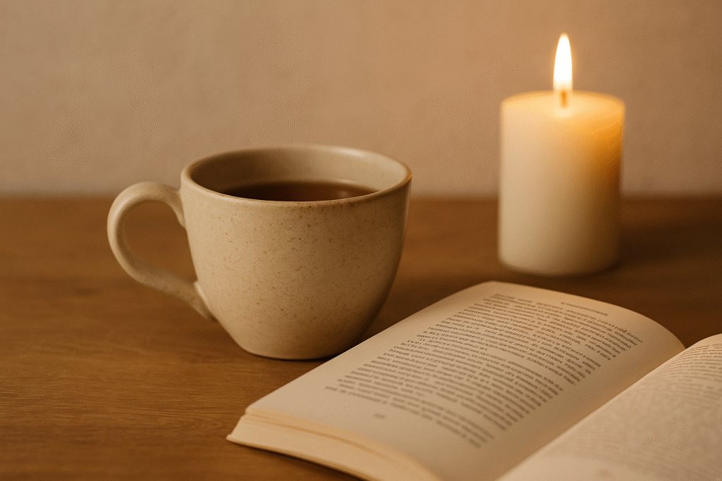 Tasse de thé et livre ouvert à la lueur d’une bougie, évoquant la douceur et le calme d’un moment de refuge.