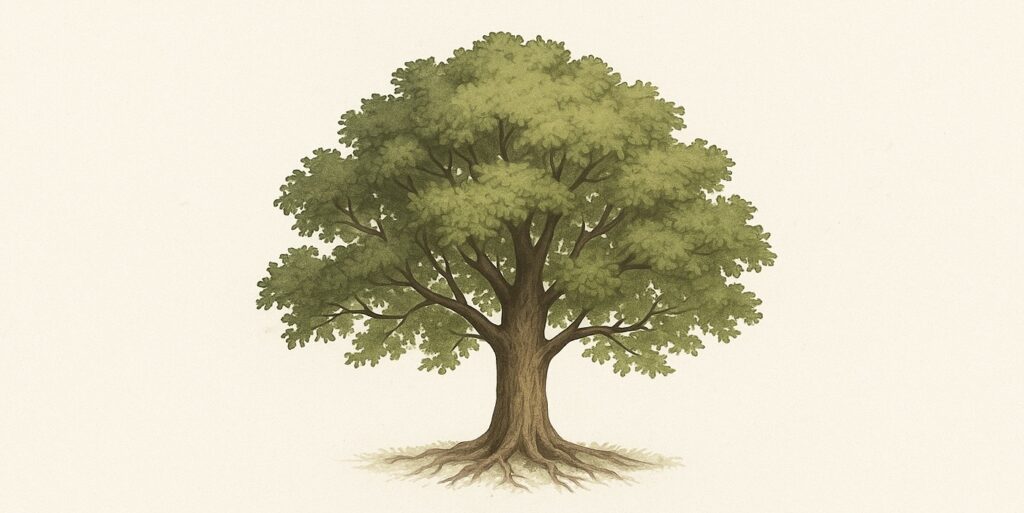 llustration d’un grand arbre enraciné, symbole de famille, de transmission et de fierté parentale.