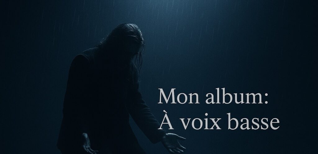 Bannière de l’album « À voix basse » – homme à genoux sous la pluie sur fond bleu sombre, avec le texte « Mon album : À voix basse ».
