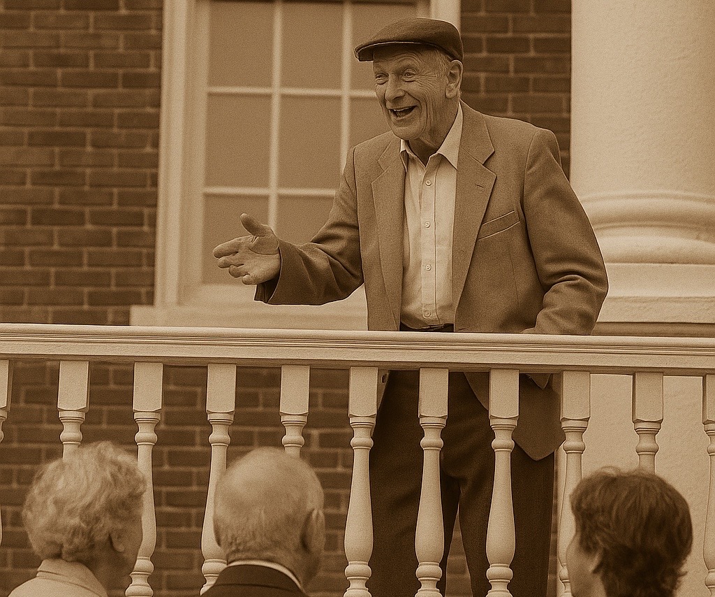 Vieil homme souriant sur le balcon d’une église, discutant avec des amis après la messe, dans une lumière douce de dimanche matin.